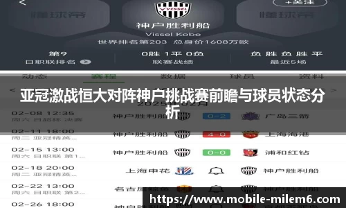 亚冠激战恒大对阵神户挑战赛前瞻与球员状态分析